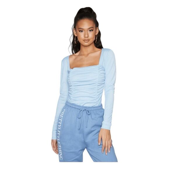 PrettyLitteThings Ruched Bodysuit Dusty Blue Long Sleeve Square Neckline 4 - Picture 2 of 9
